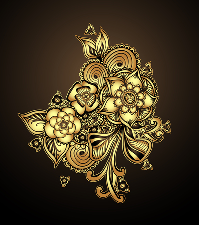 Bouquet doodle flowers floral elements Gold on black for decorate different thingsのイラスト素材