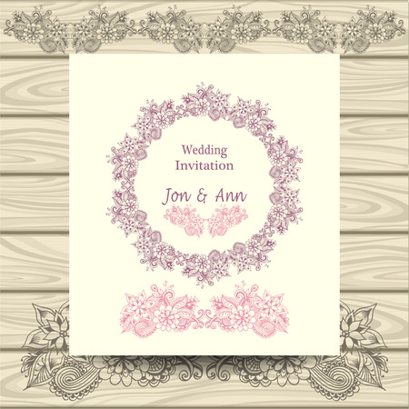 Wedding invitation with doodle floral elements pink on beige on wood backgroundのイラスト素材
