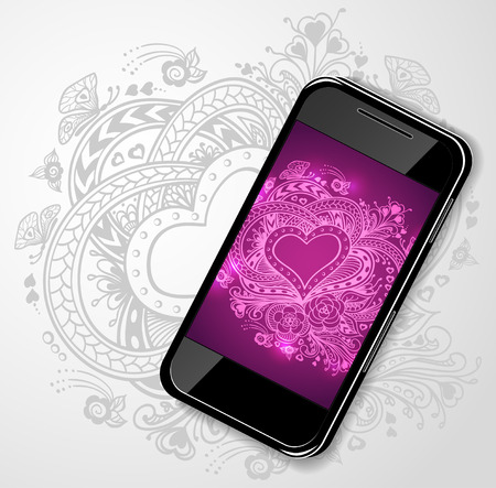 Mobile telephone with Zen-doodle Heart frame flowers butterflies in lilac pink for creative Post Card with Valentines Day or invitation Weddingのイラスト素材