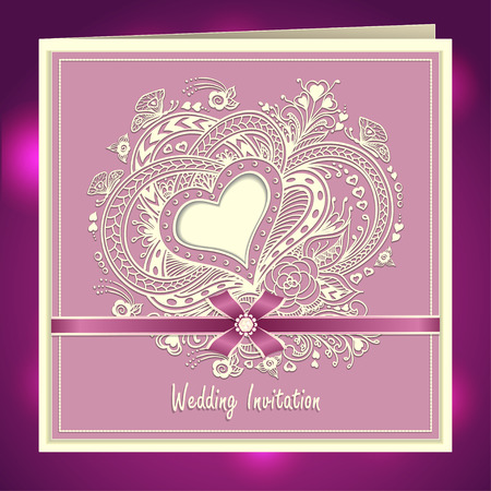 Wedding invitation with Zen-doodle Heart frame flowers butterflies bow ribbon in lilac colors or Creative Post Cardのイラスト素材