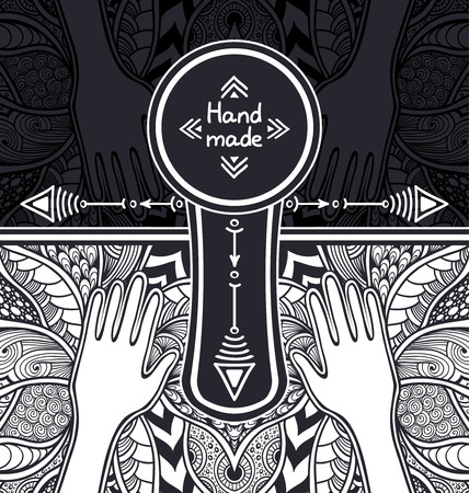 Zen-tangle or Zend-doodle template with hands black and white. Concept of handmade work or navigation or helping or for coloring page or relax coloring book or wallpaper or for decoration thingsのイラスト素材