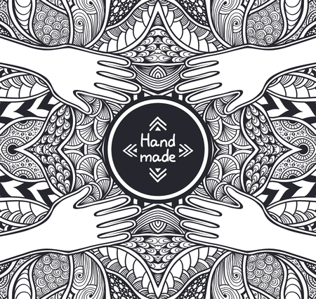 Zen-tangle or Zend-doodle template with hands black and white. Concept of handmade work or navigation or helping or for coloring page or relax coloring book or wallpaper or for decoration thingsのイラスト素材