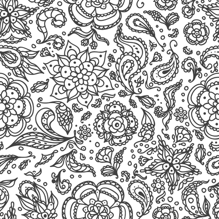 Seamless abstract floral pattern with flowers, petals, leaves, seeds, plants in black white for coloring page or for relax coloring bookのイラスト素材