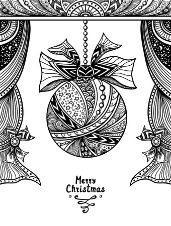 Christmas Ball with bow and curtains in Zen-tangle or Zen-doodle style black on white for coloring page or coloring book or creative Christmas or New Year Post Card or for decoration packageのイラスト素材