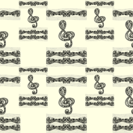 Seamless pattern with Treble clef notes musical stanza in Zen-tangle style black on whiteのイラスト素材