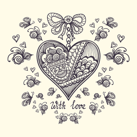 Decorative Heart in Zen-tangle style for relax coloring page black on whiteのイラスト素材