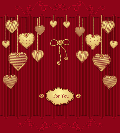 Post Card with texture Hearts on ropes in red gold colorsのイラスト素材