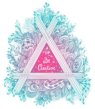 Abstract Floral triangle handmade graphic in Zen-tangle Zen-doodle style made by trace blue pink colors with inscription for poster on T-shirt or for album's coverのイラスト素材