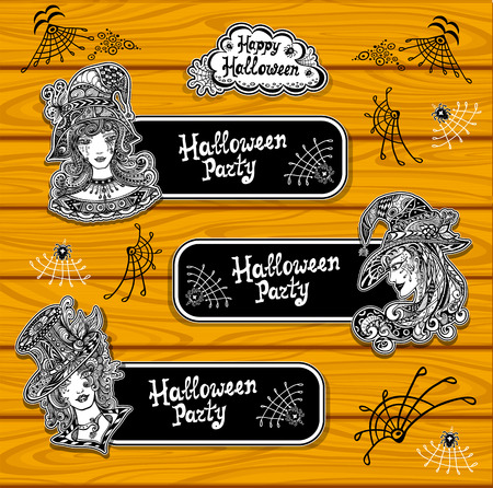 Set creative bookmarks or banners for coloring on Halloween with witches black and white or creative stickersのイラスト素材