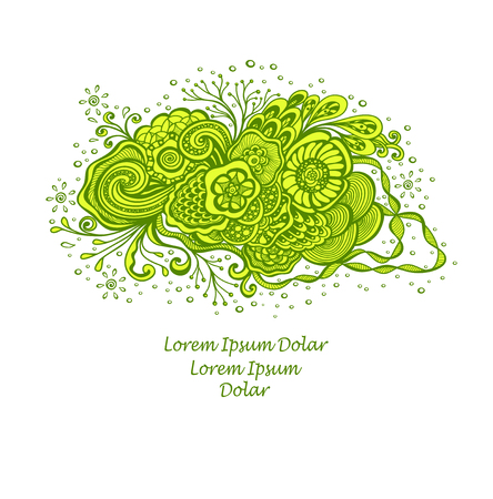 Template with abstract marine flowers bouquet in green yellow on white for decoration package of perfume cosmetic shampoo soap or for advertising hygiene products purity freshnessのイラスト素材