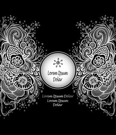 Template with abstract marine flowers bouquet in silver on black for decoration package for perfume or cosmetic shampoo.のイラスト素材