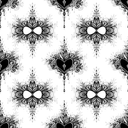 Seamless pattern with Zentangle Heart with flowers in Boho style black on white for coloring page or for decoration t-shirt clothes and for perfume cosmetic or for other thingsのイラスト素材