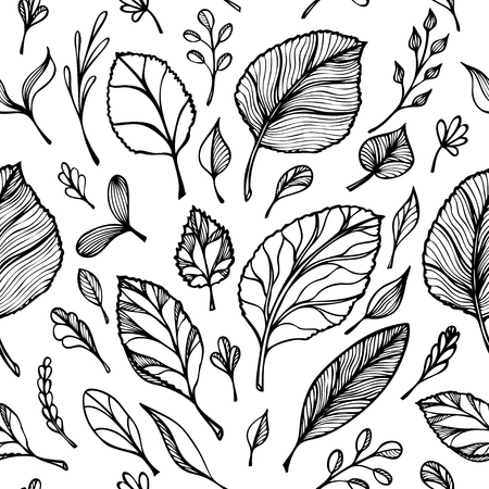Hand drawn pattern of leaves black on white background for design flyer seamless pattern.のイラスト素材