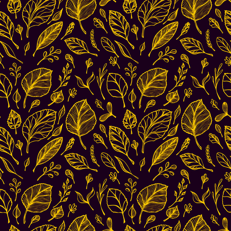 Hand drawn pattern of gold leafs on a black background for design flyer seamless pattern.のイラスト素材