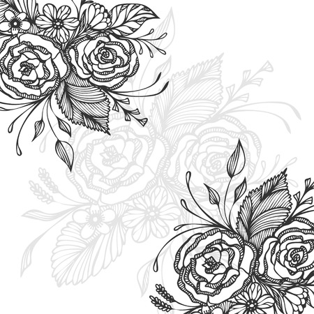 Hand drawn background with flowers in black for wedding invitation decoration.のイラスト素材