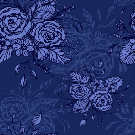 Seamless pattern with flowers bouquet in dark blue in retro style for decoupage or for decoration or decoration for cosmetic perfume shampooのイラスト素材