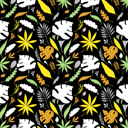 Flat seamless pattern from hand-drawn silhouette of tropic leaves colorful on black for creative design package for cosmetic or perfume or for design of botanical themeのイラスト素材