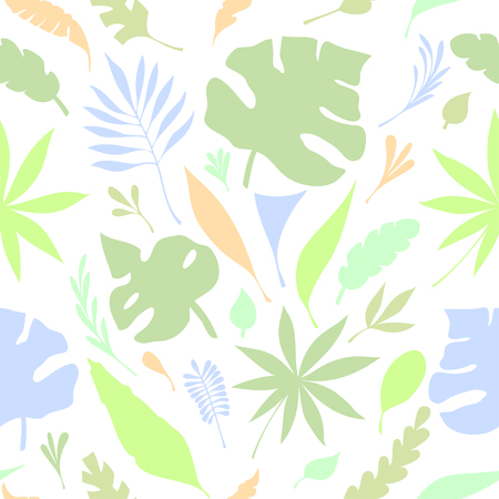 Flat seamless pattern from hand-drawn silhouette of tropic leaves colorful on white for creative design package of cosmetic or perfume or for design of botanical themeのイラスト素材
