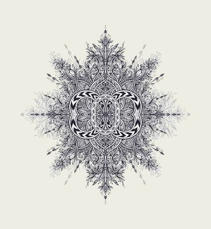 Vintage Abstract floral ornament Mandala black on white in Zen tangle style made by trace for creative design or tattoo or for decoration different things. East Arabic motive.のイラスト素材
