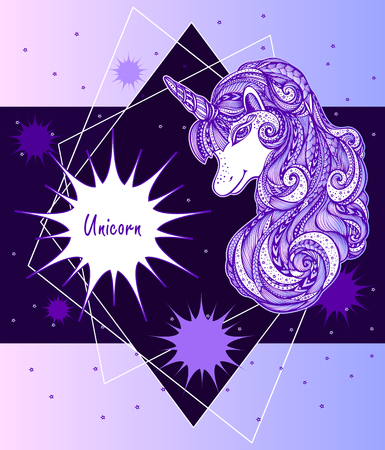 Template with Decorative ornamental Zen tangle Zen doodle Unicorn pink lilac dark blue for print or for cardのイラスト素材