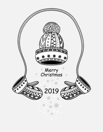 Christmas composition Winter hat with mittens snowflakes black on white. Congratulation with Merry Christmas and Happy New Year. Banner or Flyer for Christmas sales. Coloring pageのイラスト素材