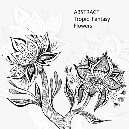Template from Abstract Dancing Tropic Fantasy flowers in black  and white colors for coloring page or coloring book or for decoration different things or for creative Post Cardのイラスト素材