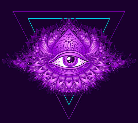 Abstract symbol of All-seeing Eye in Boho Eastern  Ethnic style lilac pink on black for decoration T-shirt or for computer game. Concept magic occultism Esotericのイラスト素材