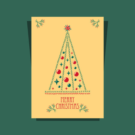 Christmas Card with Christmas  Tree made by drawing hand stitch in green red on beige for invitation or congratulation Merry Christmas or for  celebration winter holidaysのイラスト素材