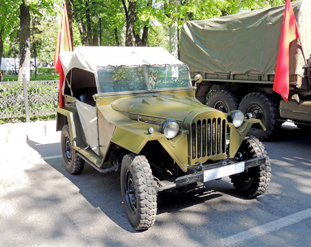 Retrocar of World War II and Korean War soviet military allwheeldrive vehicle light truck jeep F4 layout GAZ67のeditorial素材