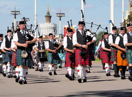 Pipers. Festival of military orchestras Spasskaya Tower. Central Avenue in the Park of VDNH, Moscow.