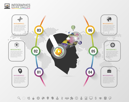Infographics. Creative mind with headphones. Modern colorful template with icons. Vector illustrationのイラスト素材