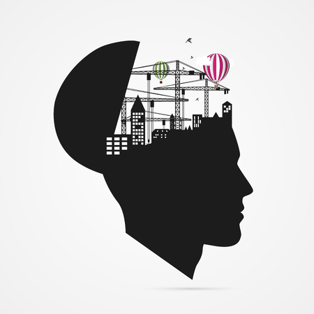 Human brain. creative imagination concept with city under reconstruction. Vector illustrationのイラスト素材