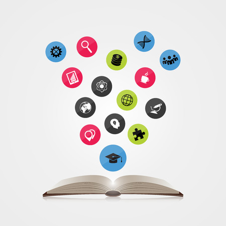 Open Book with set of icons. Education concept. Vector illustrationのイラスト素材
