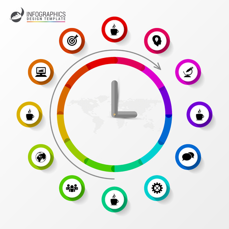 Infographic. Business Clock. Colorful circle with icons. Vector illustrationのイラスト素材
