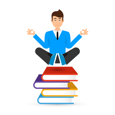 Student sit above a books and meditate. Vector illustrationのイラスト素材