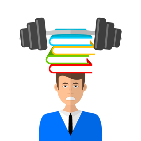 Young boy carring a heavy pile of books. Education concept. Vector illustrationのイラスト素材