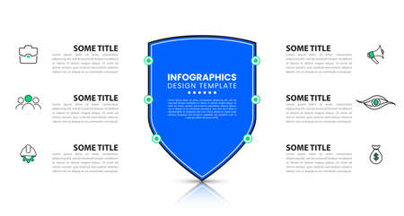 Infographic design template with security shield. Creative concept with 6 steps. Can be used for workflow layout, diagram, banner, web design. Vector illustrationのイラスト素材