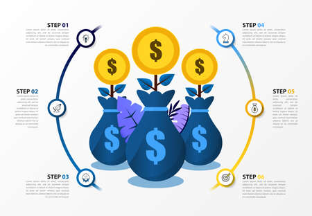 Infographic design template. Business concept with 6 steps. Can be used for workflow layout, diagram, banner, web design. Vector illustrationのイラスト素材