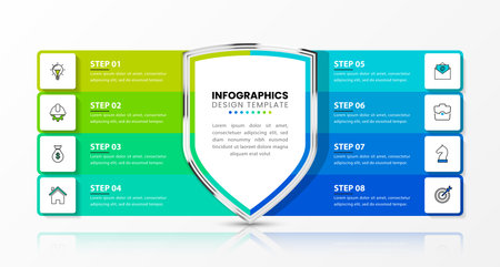 Infographic design template with shield. Creative concept with 8 steps. Can be used for workflow layout, diagram, banner, webdesign. Vector illustrationのイラスト素材