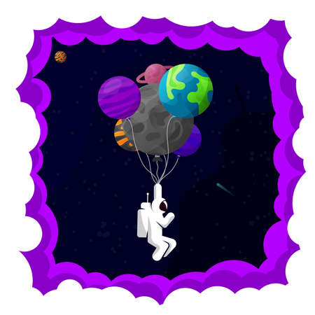 Astronaut in space. Planets and inflatable balloons. Vector illustrationのイラスト素材
