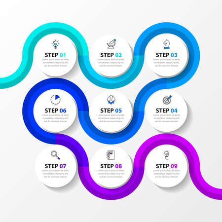 Infographic design template. Creative concept with 9 steps. Can be used for workflow layout, diagram, banner, webdesign. Vector illustration.のイラスト素材