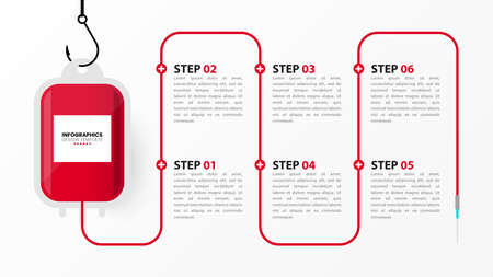Infographic design template. Blood donation concept with 6 steps. Can be used for workflow layout, diagram, banner, webdesign. Vector illustrationのイラスト素材