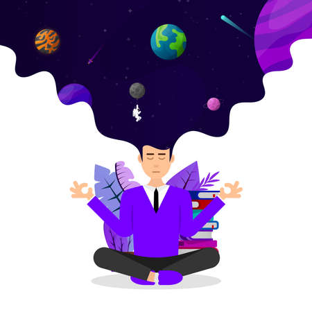 Mindfulness. Meditation concept. Man sitting with crossed legs. Vector illustrationのイラスト素材