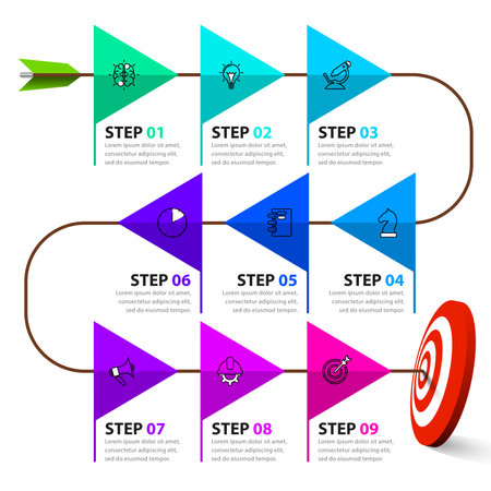 Infographic template with icons and 9 options or steps. Goal. Can be used for workflow layout, diagram, banner, webdesign. Vector illustrationのイラスト素材