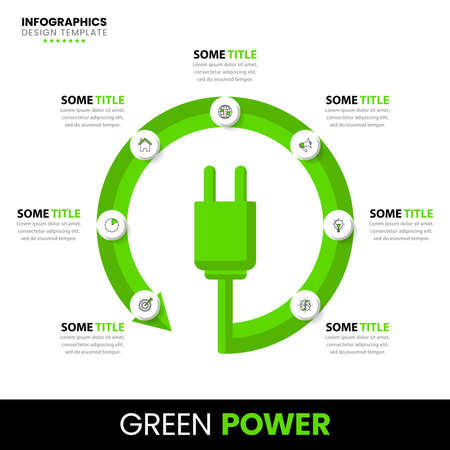 Infographic template with icons and 7 options or steps. Green energy. Can be used for workflow layout, diagram, banner, web design. Vector illustrationのイラスト素材