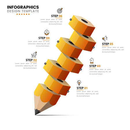 Infographic template with icons and 6 options or steps. Pencil. Can be used for workflow layout, diagram, banner, web design. Vector illustrationのイラスト素材
