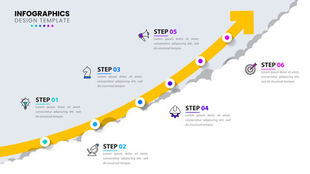 Infographic template with icons and 6 options or steps. Arrow. Can be used for workflow layout, diagram, banner, web design. Vector illustrationのイラスト素材