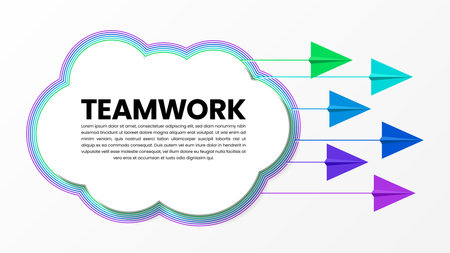 Teamwork concept. 6 paper planes pull a cloud together. Vector illustrationのイラスト素材