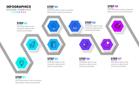 Infographic template with icons and 8 options or steps. Timeline. Can be used for workflow layout, diagram, banner, web design. Vector illustrationのイラスト素材