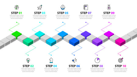 Infographic template with icons and 10 options or steps. Isometric timeline. Can be used for workflow layout, diagram, banner, web design. Vector illustrationのイラスト素材